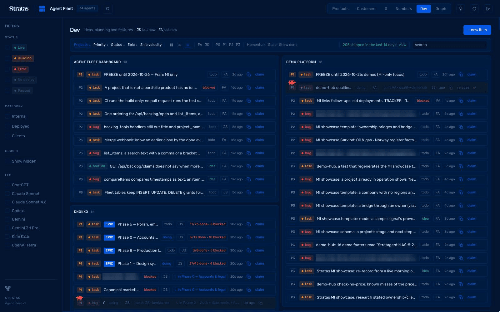 The dev panel: the shared backlog, synced with the coding agents, so work is claimed and started from the dashboard. Client references blurred.
