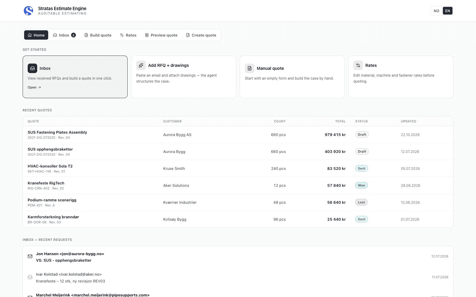 Whitelabel estimating demo showing recent quotes, the inbox and workflow entry points