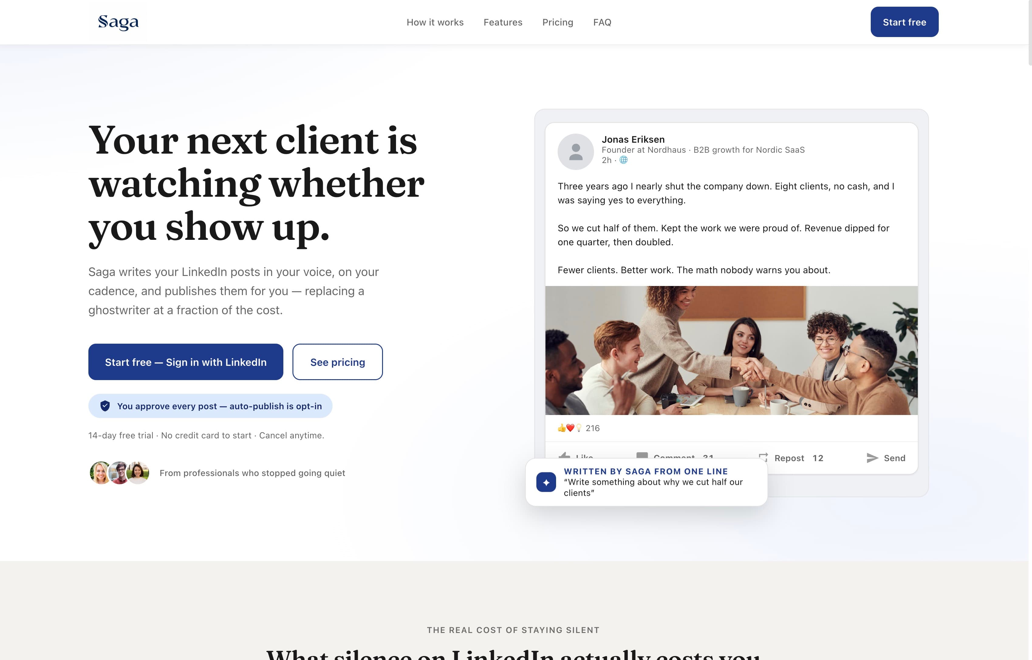 Saga product landing page. This image shows the product presentation, not the confidentiality gate.