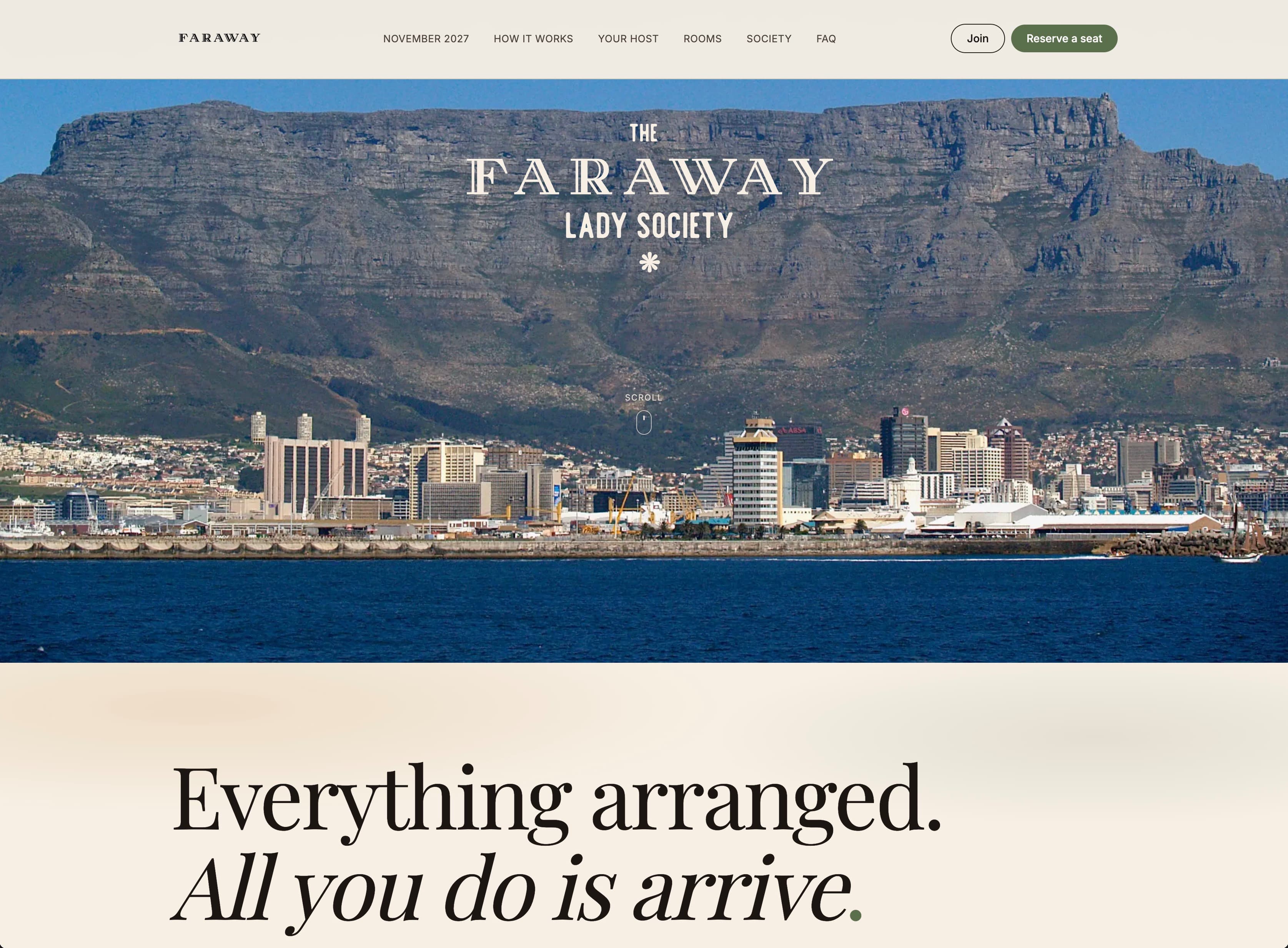 Faraway travel website: Cape Town hero and primary navigation.