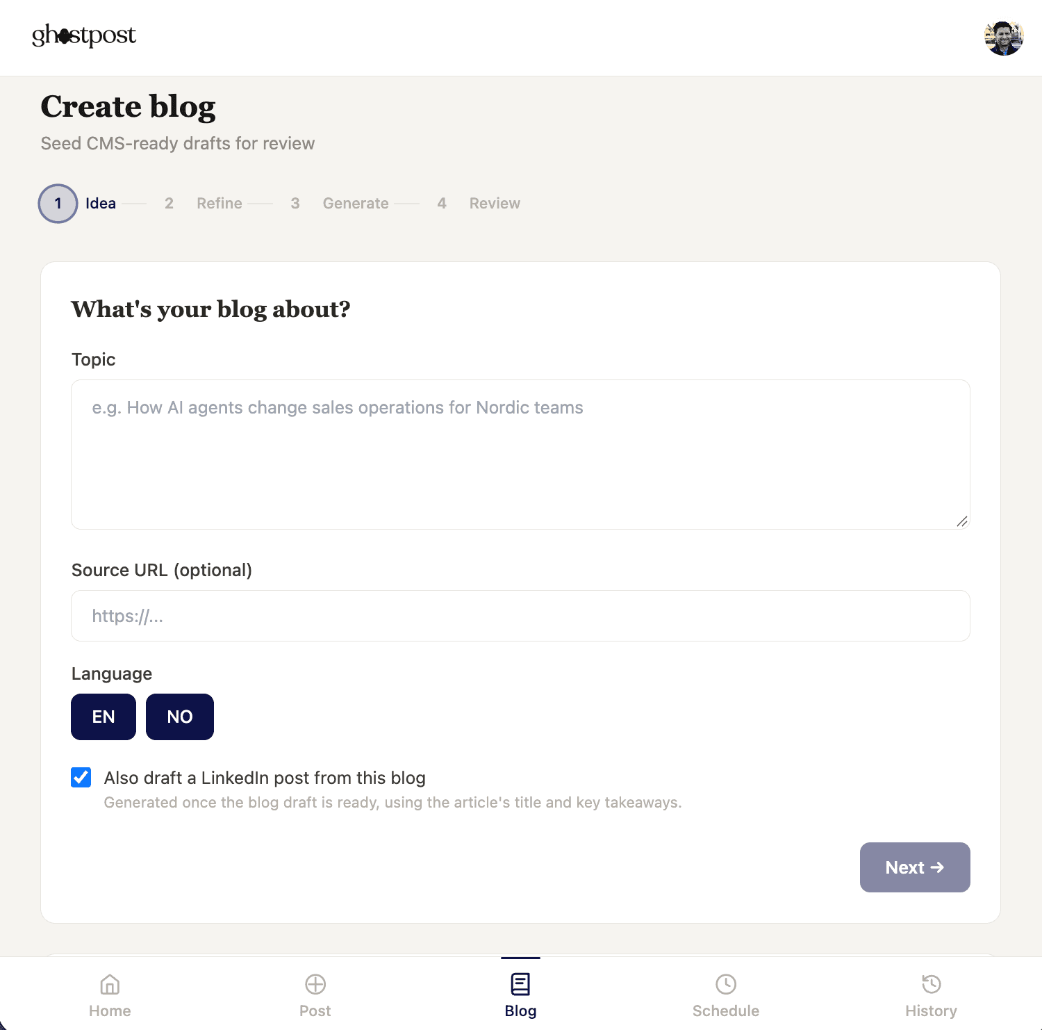 Ghostpost create-blog flow: idea, refine, generate, review, with a LinkedIn companion post drafted from the blog.