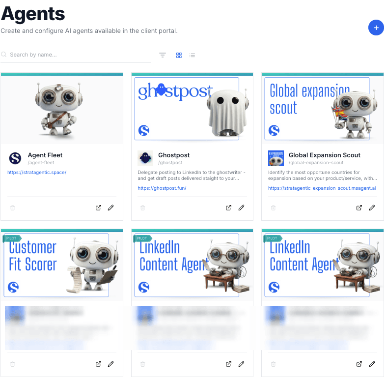 Agents: each agent with its model, prompts, description and URL, assigned to clients from here. Client agent names blurred.