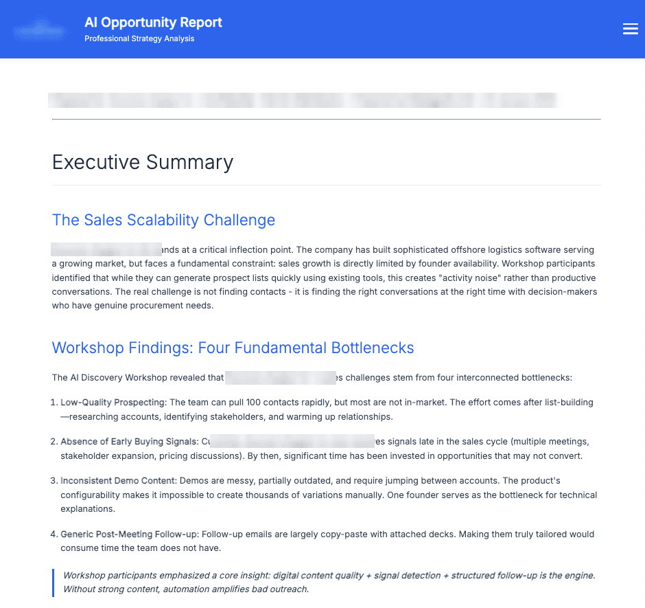 An AI Opportunity Report generated from workshop findings: executive summary and the bottlenecks behind the challenge. Client name blurred.