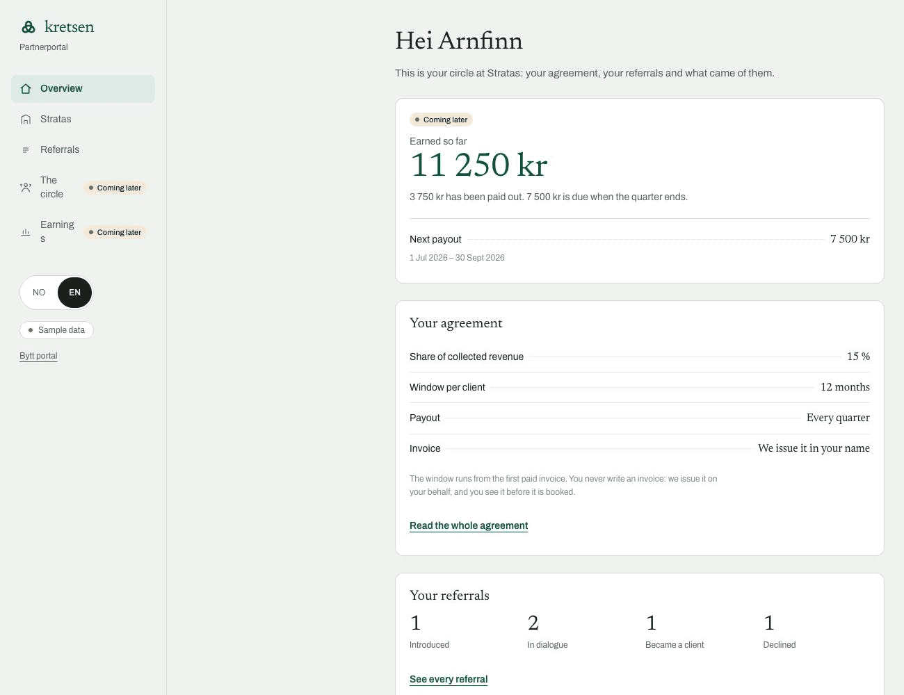 kretsen partner portal: earnings, next payout and the agreement terms, on invented data.