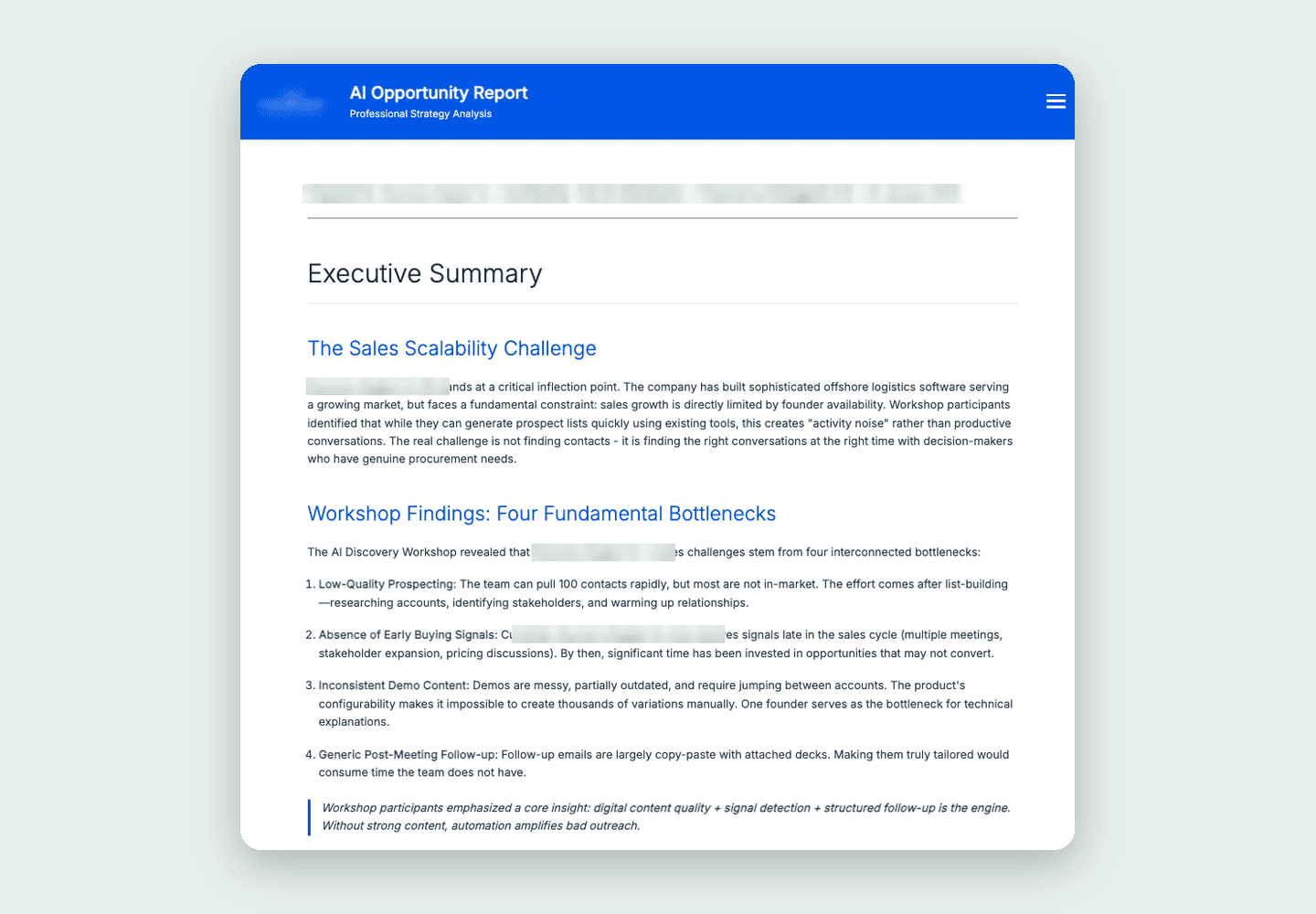 AI Opportunity Report executive summary with the client name blurred