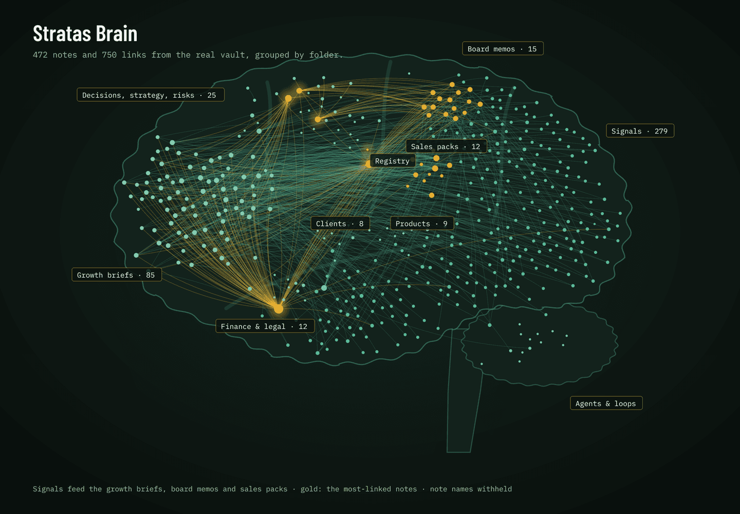 Stratas Brain drawn as a graph of 472 notes and 750 links in the shape of a brain