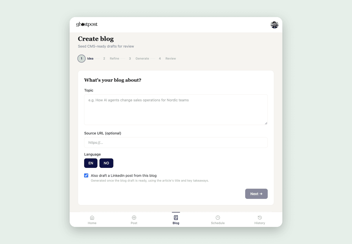 Ghostpost create-blog flow