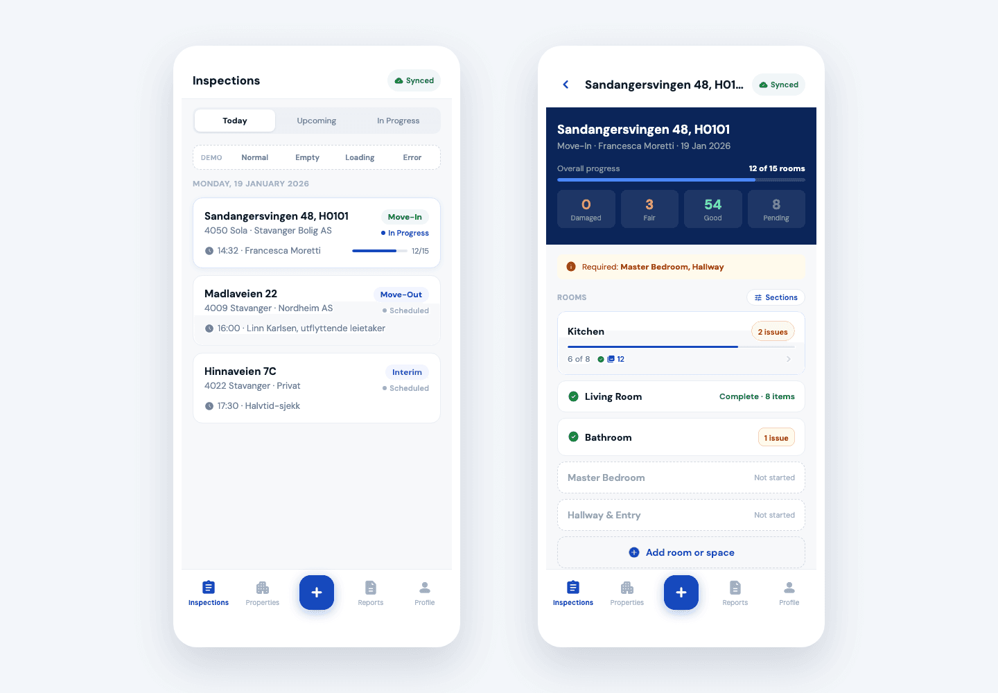 Two Knokko mobile app screens showing the inspection queue and room-by-room progress