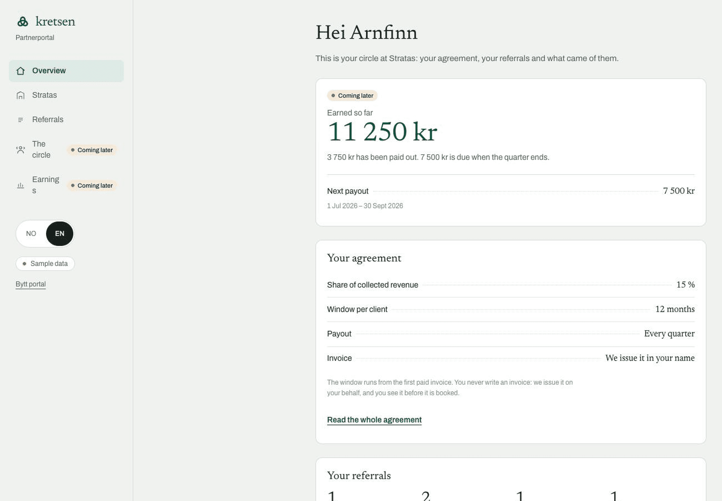 kretsen partner portal showing earnings, payout and agreement terms